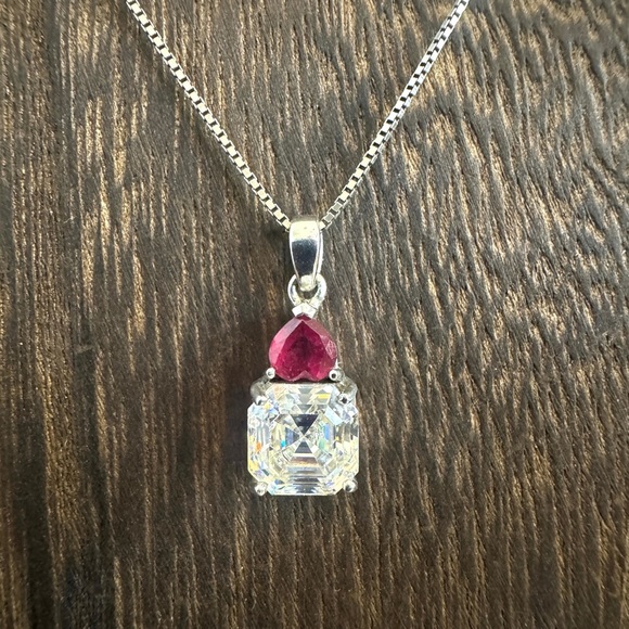 Vintage BBJ Strontium Titanate & Ruby Rhodium Over Sterling Pendant Necklace - Picture 6 of 11